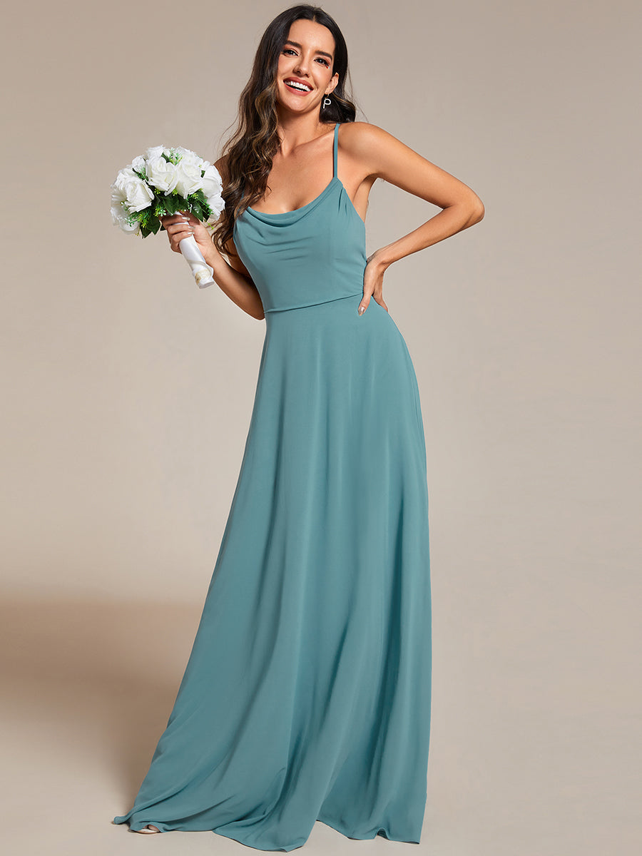 Color=Dusty blue | Spaghetti Straps Draped Collar Floor Length Bridesmaid Dress -Dusty blue 1