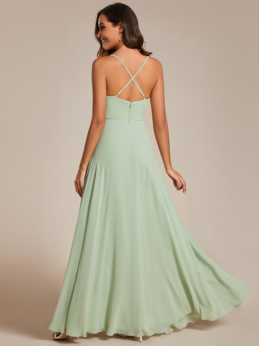 Color=Mint Green | Spaghetti Straps Draped Collar Floor Length Bridesmaid Dress -Mint Green 12