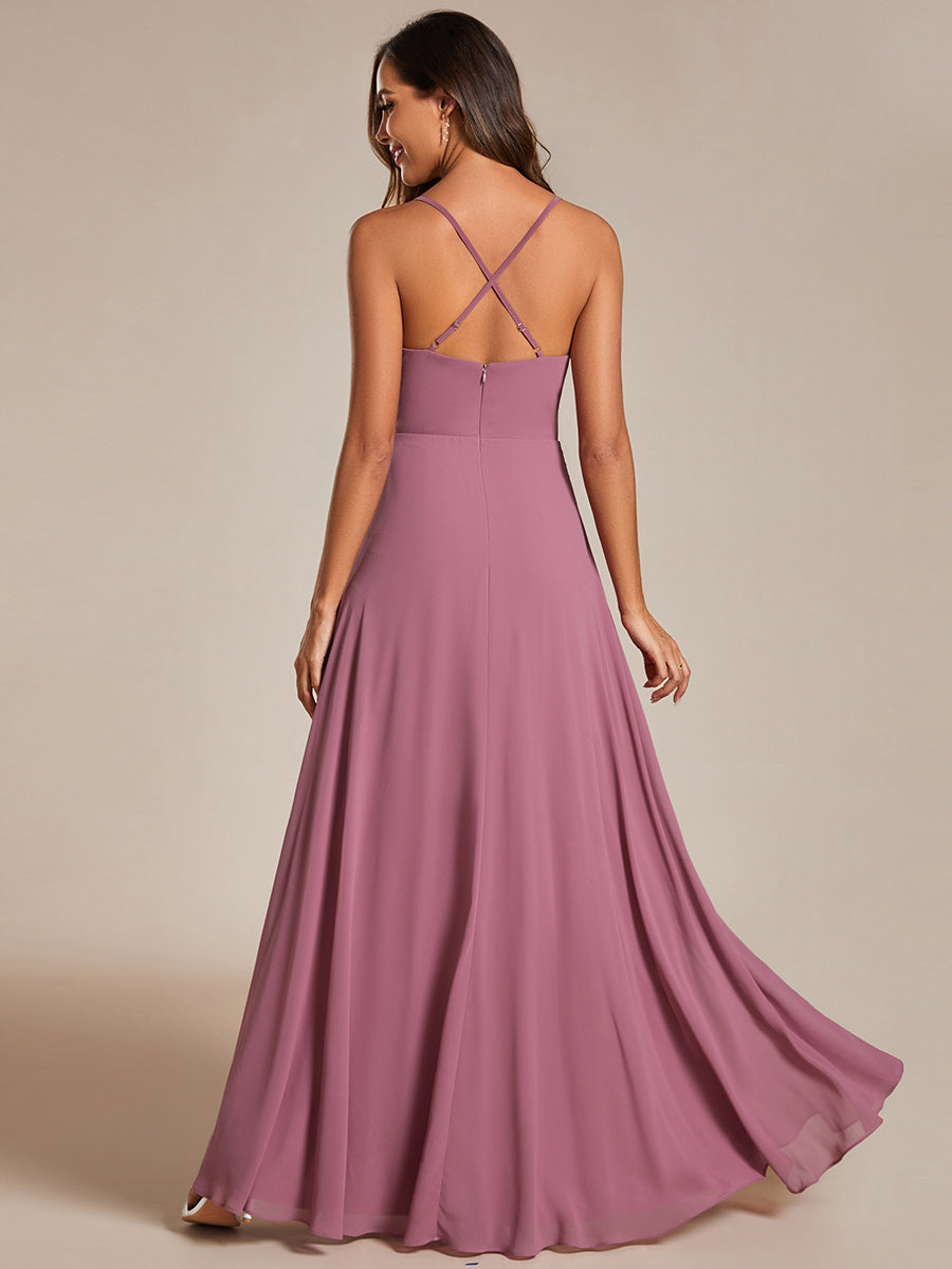 Color=Orchid | Spaghetti Straps Draped Collar Floor Length Bridesmaid Dress -Orchid 18
