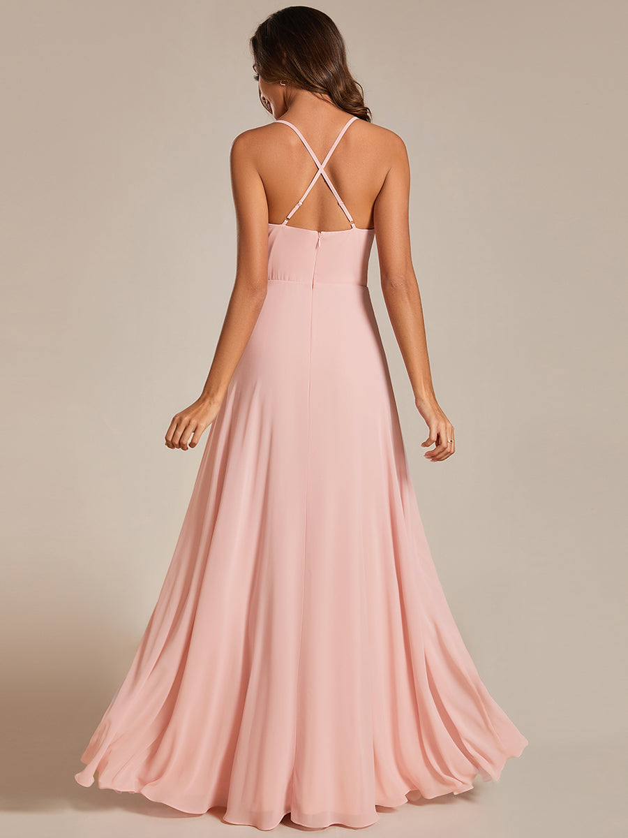 Color=Pink | Spaghetti Straps Draped Collar Floor Length Bridesmaid Dress -Pink 