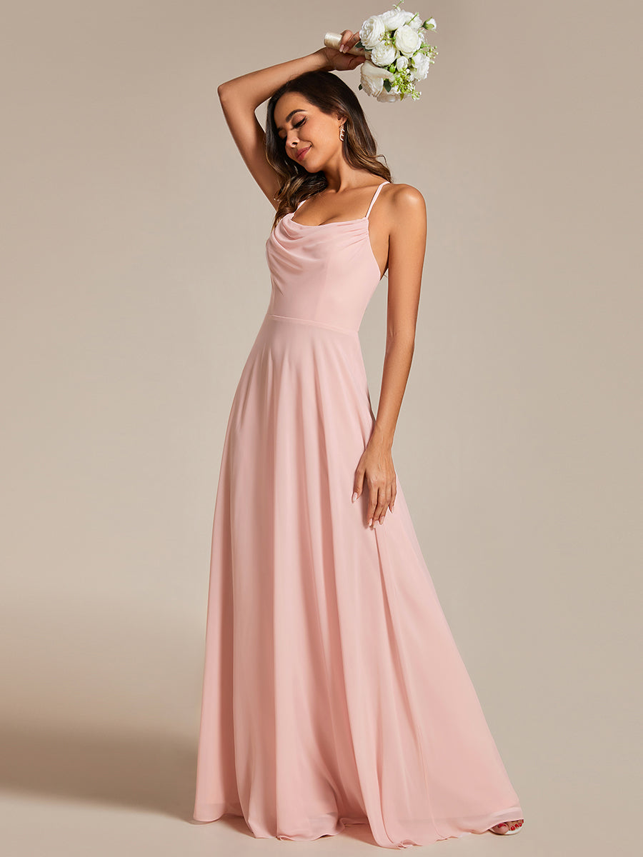 Color=Pink | Spaghetti Straps Draped Collar Floor Length Bridesmaid Dress -Pink 