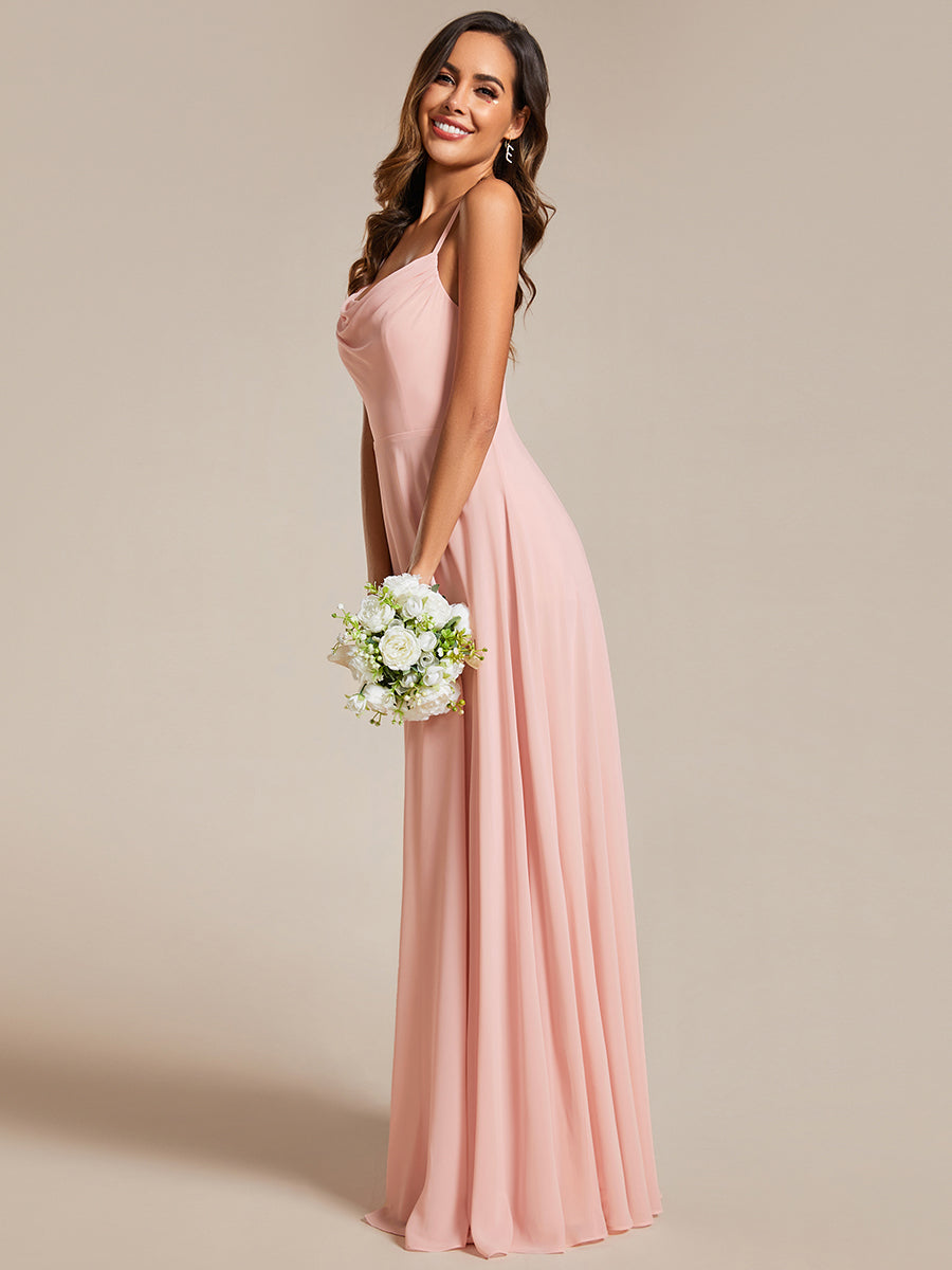 Color=Pink | Spaghetti Straps Draped Collar Floor Length Bridesmaid Dress -Pink 