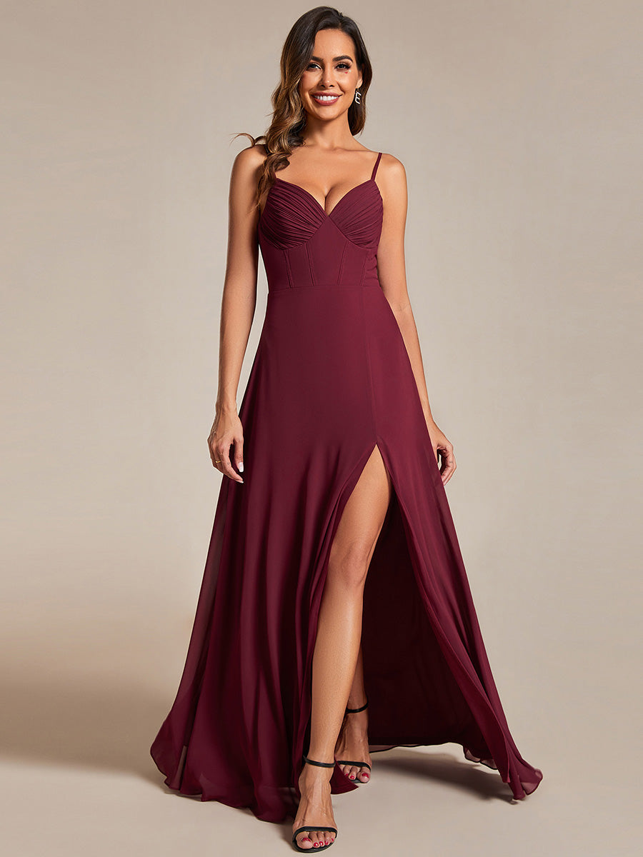Color=Burgundy | Chiffon Spaghetti Strap Bridesmaid Dress with High Split-Burgundy 5