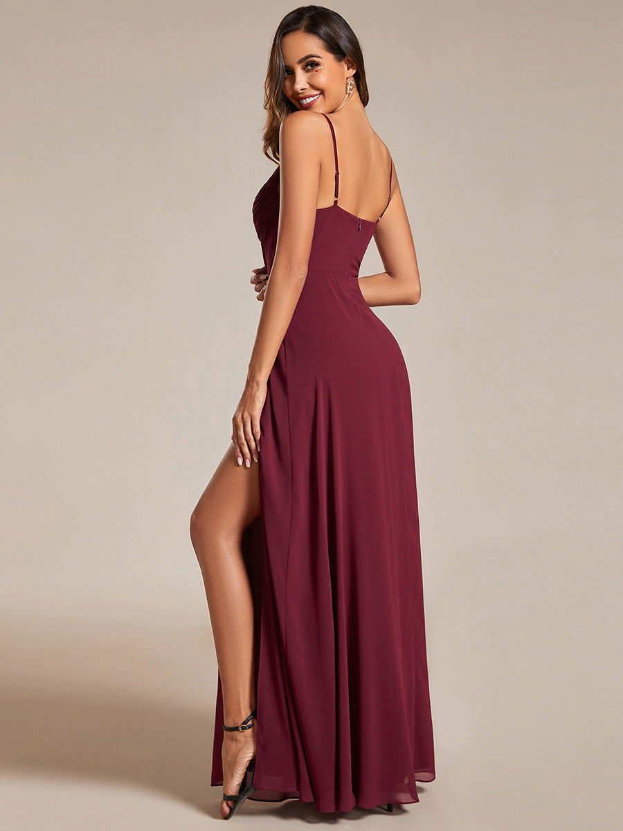 Color=Burgundy | Chiffon Spaghetti Strap Bridesmaid Dress with High Split-Burgundy 4