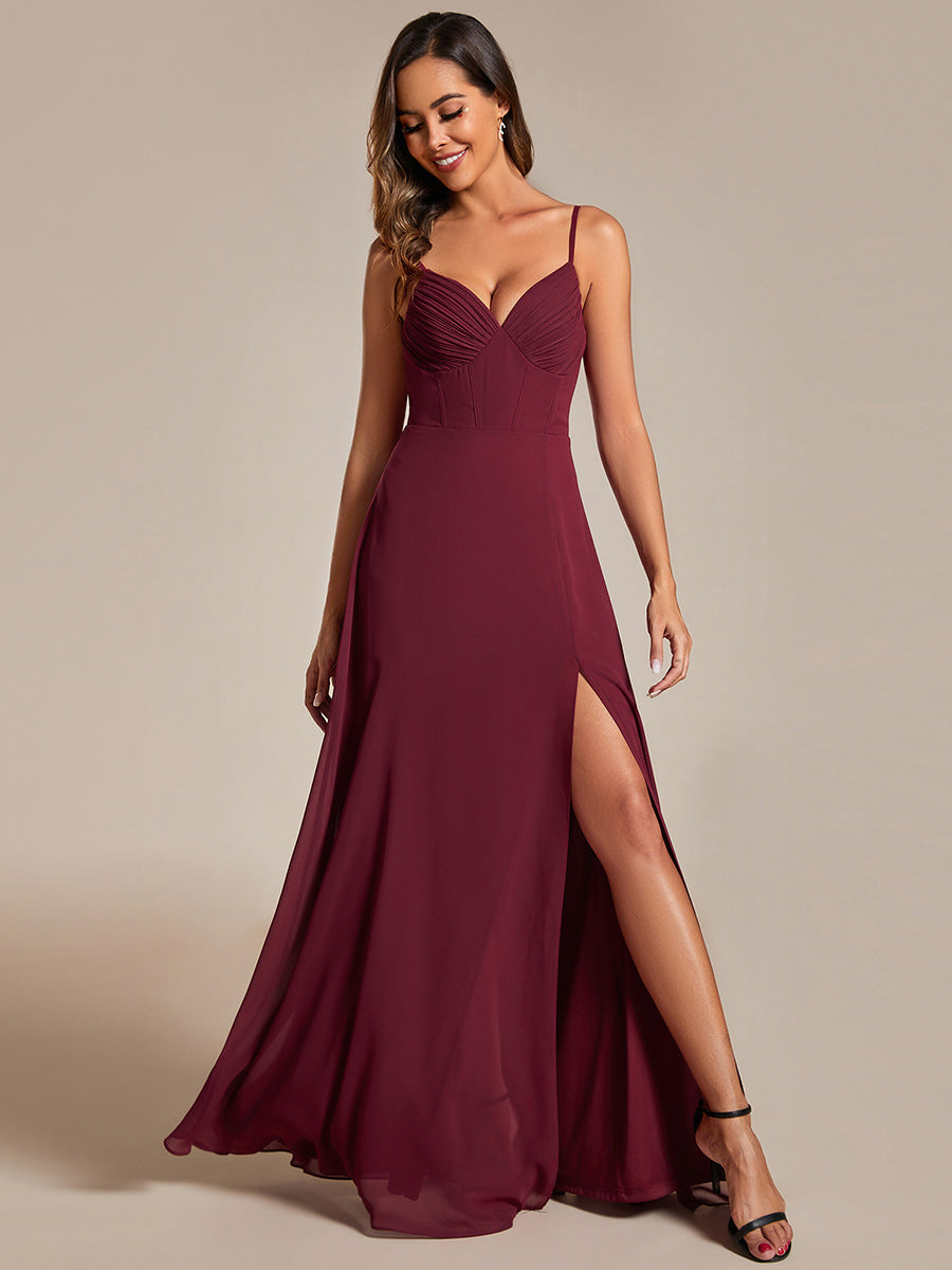 Color=Burgundy | Chiffon Spaghetti Strap Bridesmaid Dress with High Split-Burgundy 3