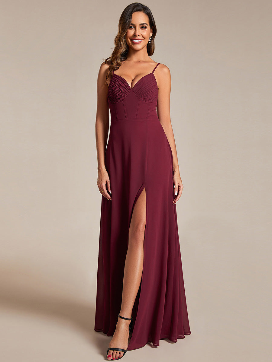 Color=Burgundy | Chiffon Spaghetti Strap Bridesmaid Dress with High Split-Burgundy 1