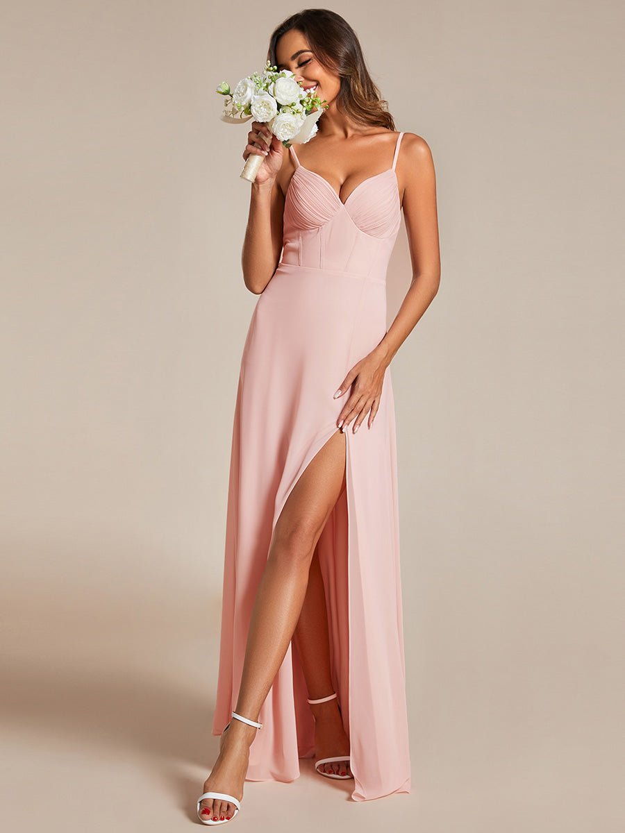 Color=Pink | Chiffon Spaghetti Strap Bridesmaid Dress with High Split-Pink 10