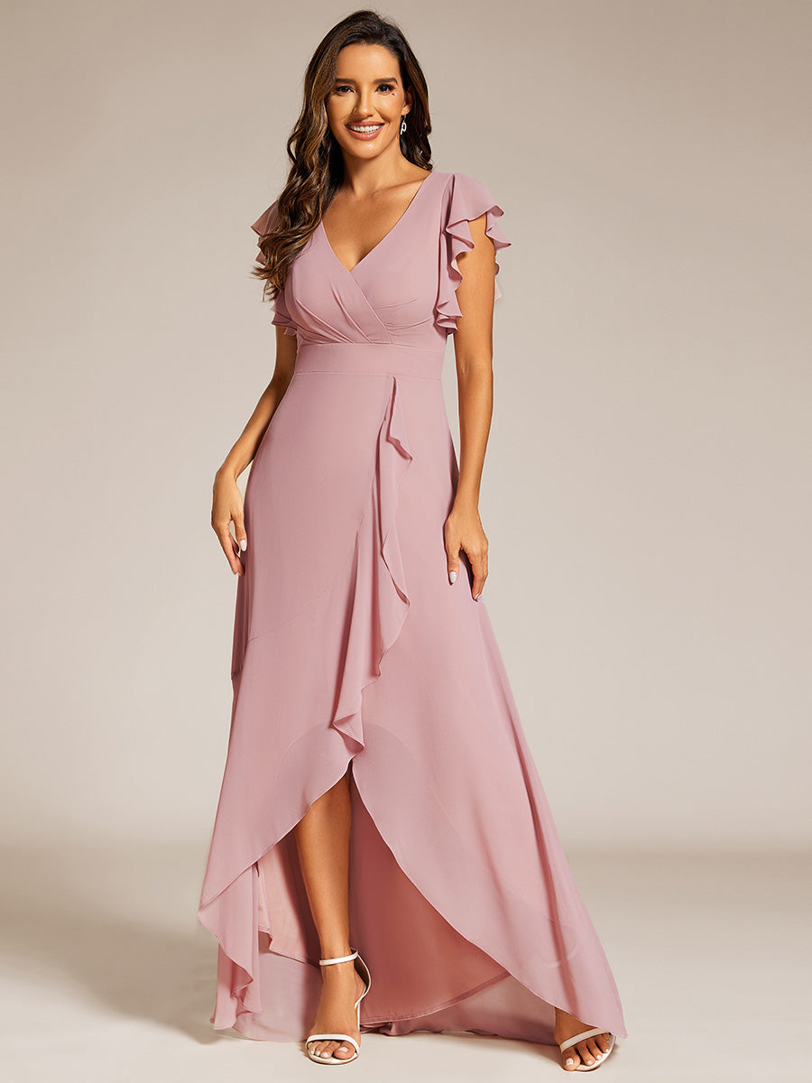 Color=Dusty Rose | Exquisite Deep V Neck Flying sleeve A-Line Empire Waist Irregular hemline Chiffon Dresses-Dusty Rose 1