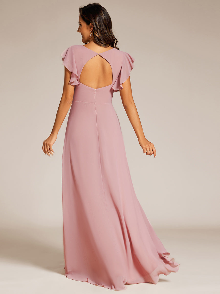 Color=Dusty Rose | Exquisite Deep V Neck Flying sleeve A-Line Empire Waist Irregular hemline Chiffon Dresses-Dusty Rose 2