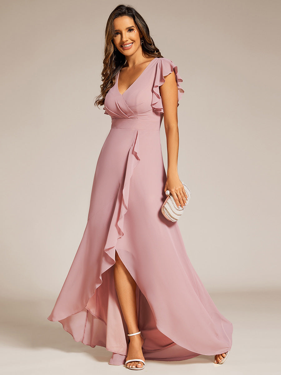 Color=Dusty Rose | Exquisite Deep V Neck Flying sleeve A-Line Empire Waist Irregular hemline Chiffon Dresses-Dusty Rose 3