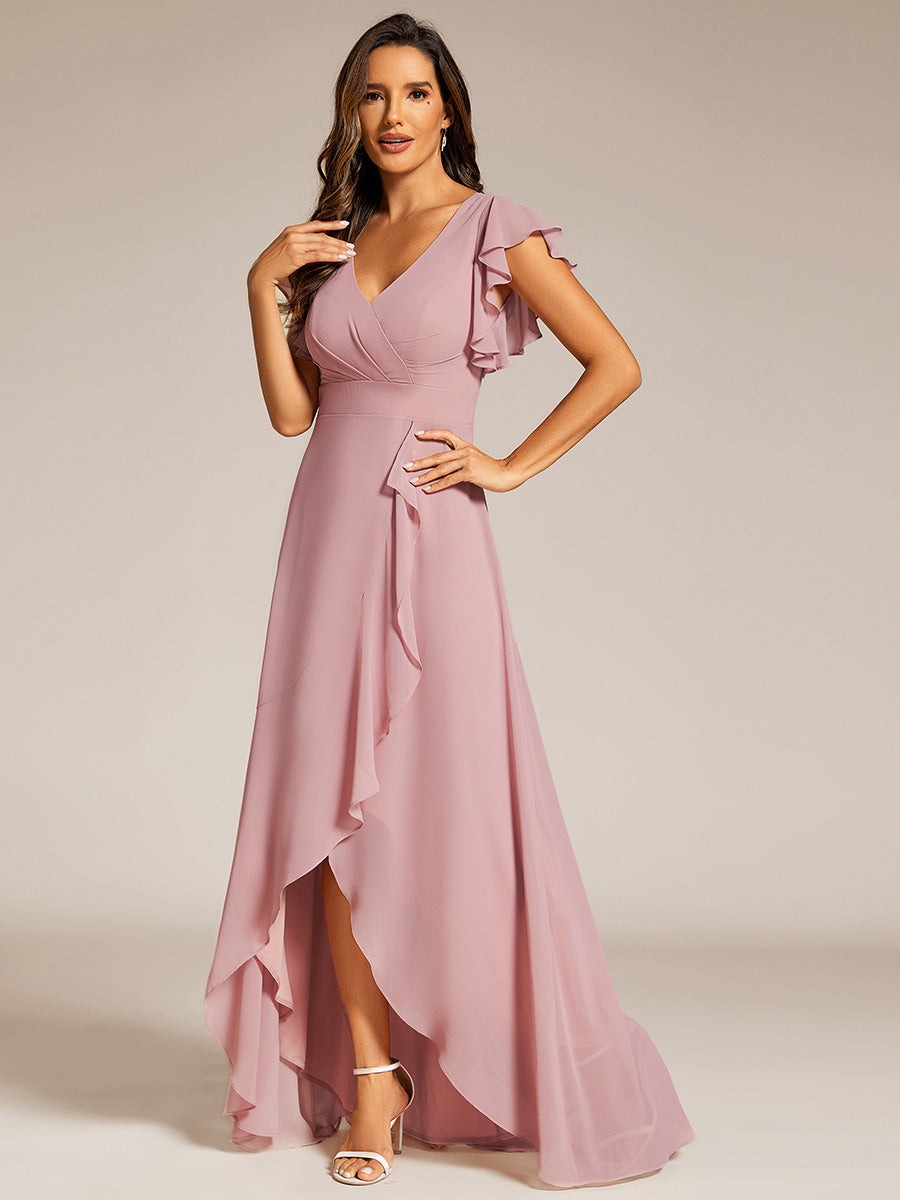 Color=Dusty Rose | Exquisite Deep V Neck Flying sleeve A-Line Empire Waist Irregular hemline Chiffon Dresses-Dusty Rose 4