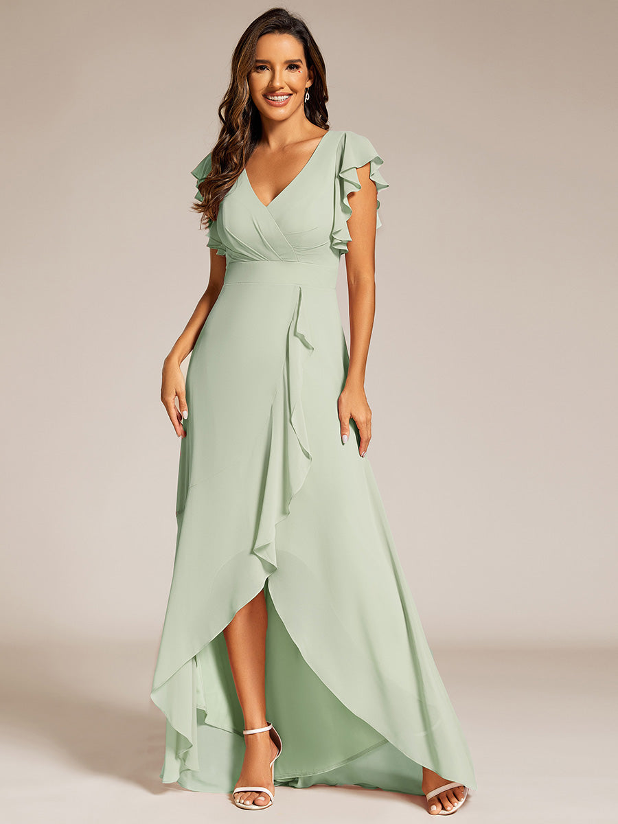 Color=Mint Green | Exquisite Deep V Neck Flying sleeve A-Line Empire Waist Irregular hemline Chiffon Dresses-Mint Green 6