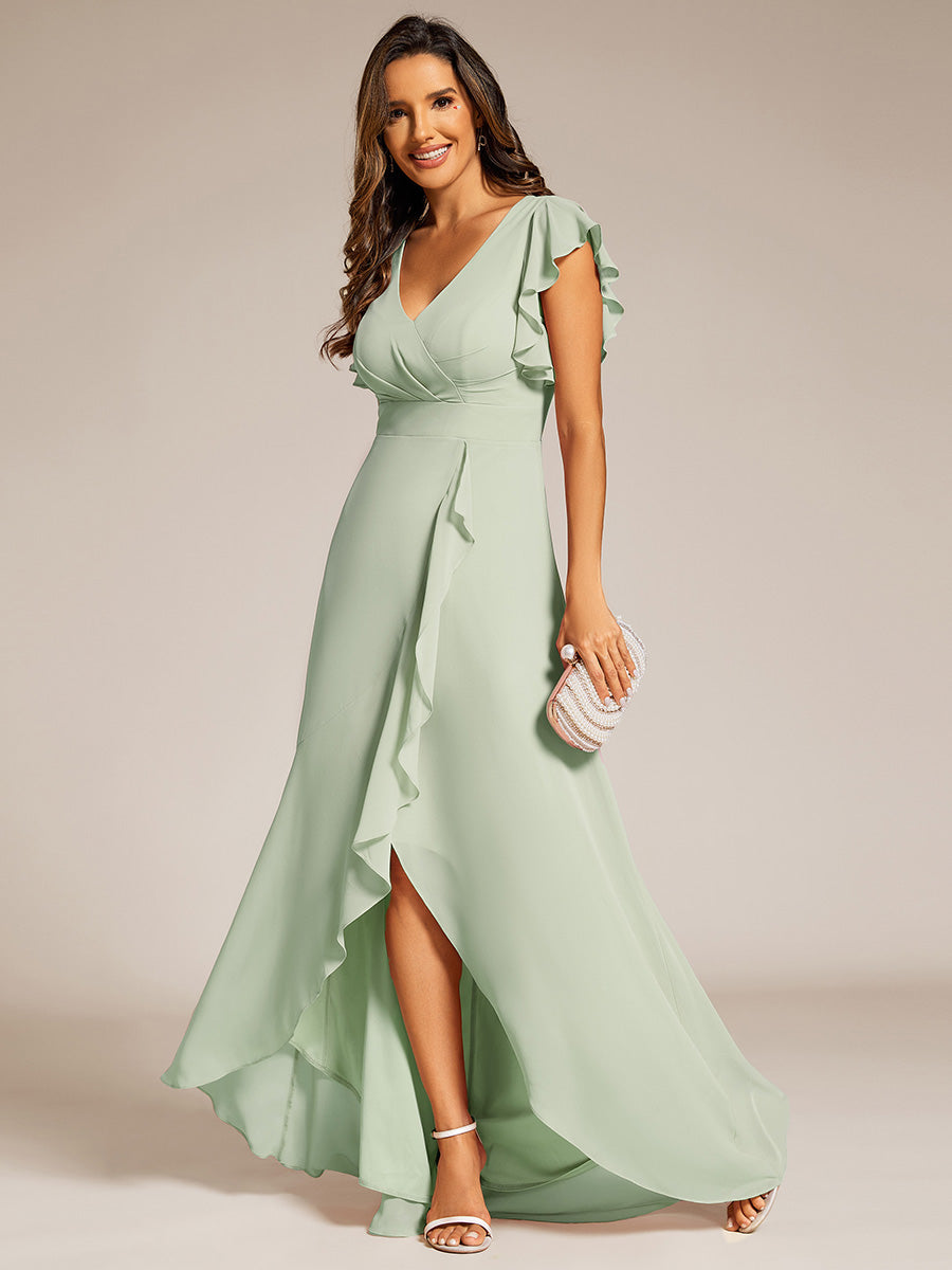 Color=Mint Green | Exquisite Deep V Neck Flying sleeve A-Line Empire Waist Irregular hemline Chiffon Dresses-Mint Green 8