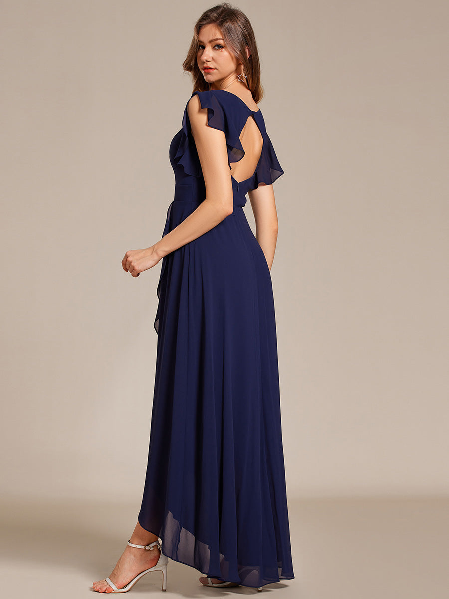 Color=Navy Blue | Exquisite Deep V Neck Flying sleeve A-Line Empire Waist Irregular hemline Chiffon Dresses-Navy Blue 12