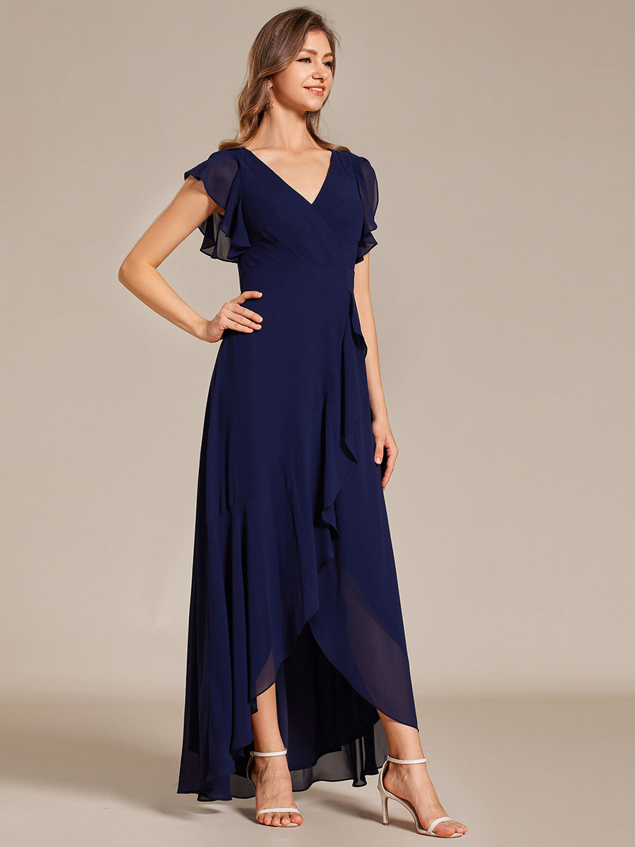 Color=Navy Blue | Exquisite Deep V Neck Flying sleeve A-Line Empire Waist Irregular hemline Chiffon Dresses-Navy Blue 13
