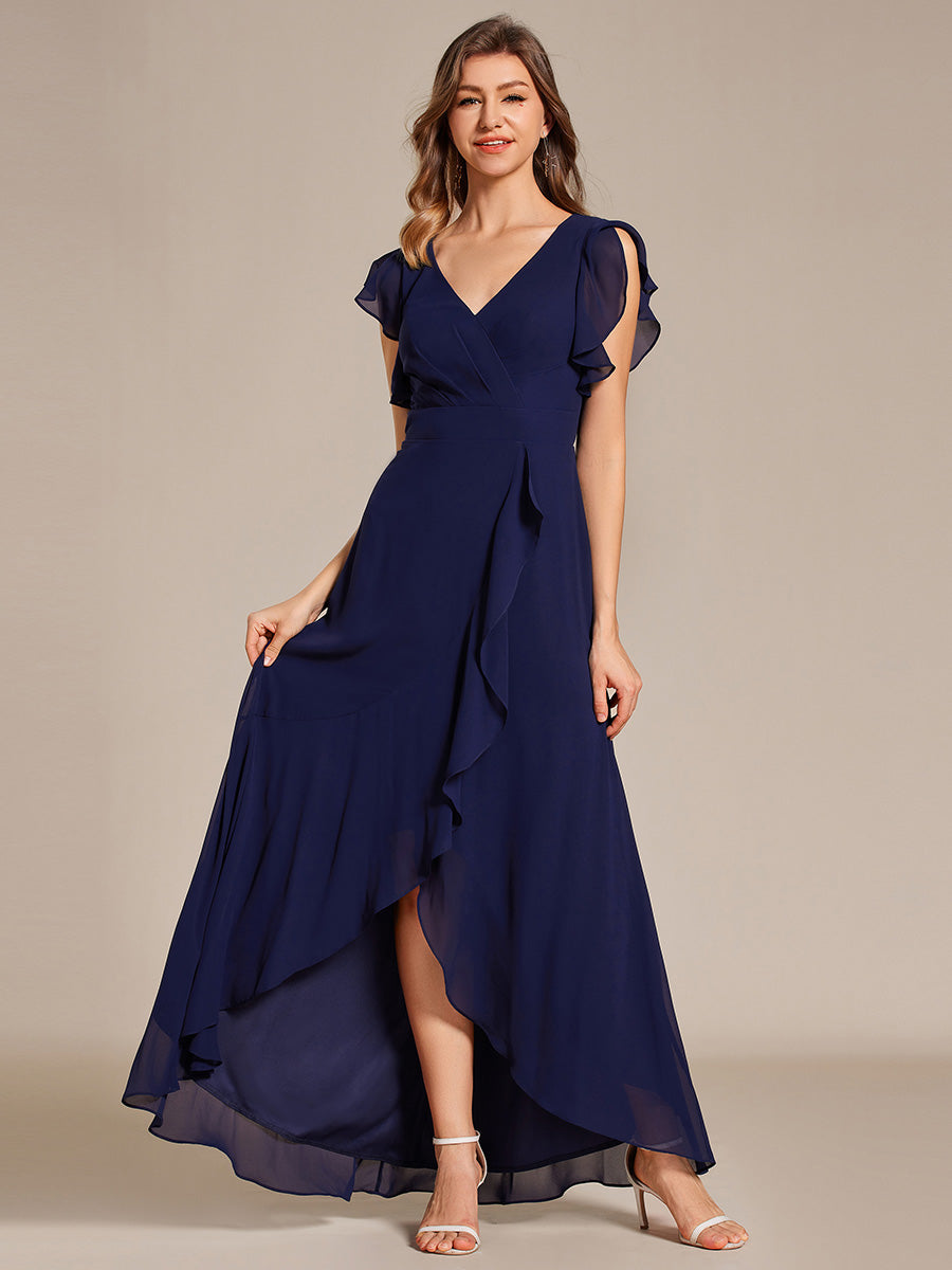 Color=Navy Blue | Exquisite Deep V Neck Flying sleeve A-Line Empire Waist Irregular hemline Chiffon Dresses-Navy Blue 14