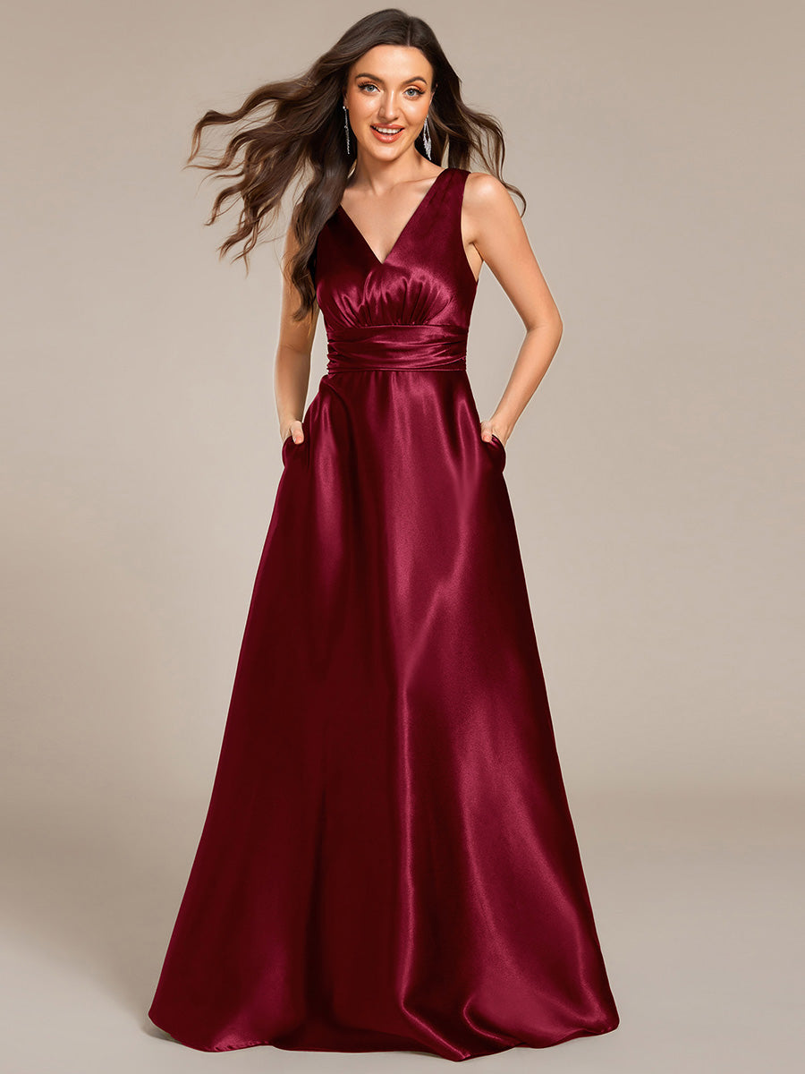 Color=Burgundy | Elegant Deep V-Neck Floor Length Empire Waist Satin Bridesmaid Dresses with Pockets-Burgundy 3