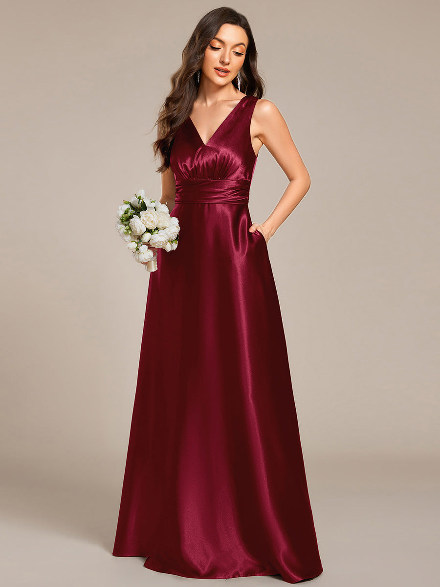 Color=Burgundy | Elegant Deep V-Neck Floor Length Empire Waist Satin Bridesmaid Dresses with Pockets-Burgundy 4