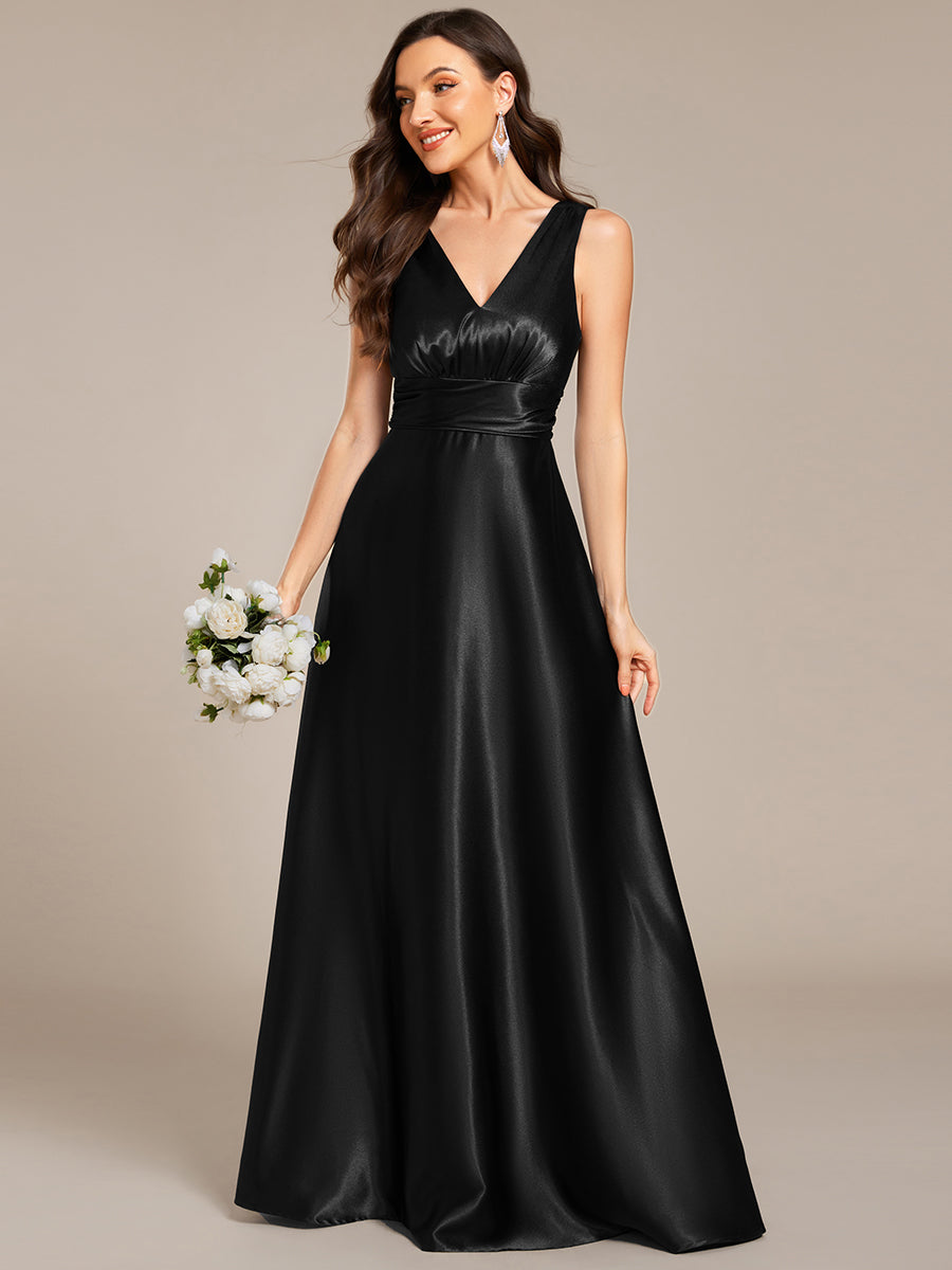 Color=Black | Elegant Deep V-Neck Floor Length Empire Waist Satin Bridesmaid Dresses with Pockets-Black 1