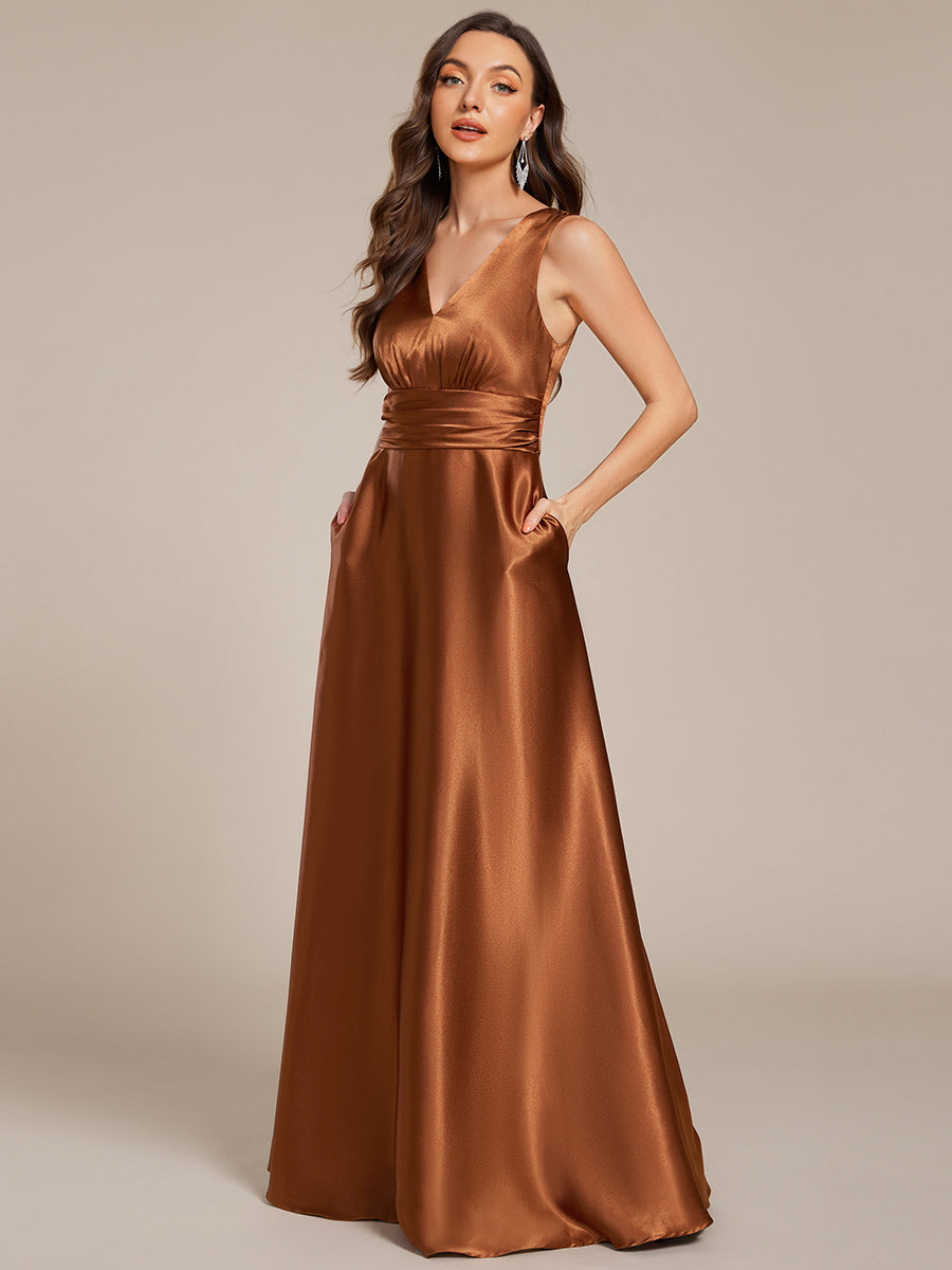 Color=Copper | Elegant Deep V-Neck Floor Length Empire Waist Satin Bridesmaid Dresses with Pockets-Copper 3