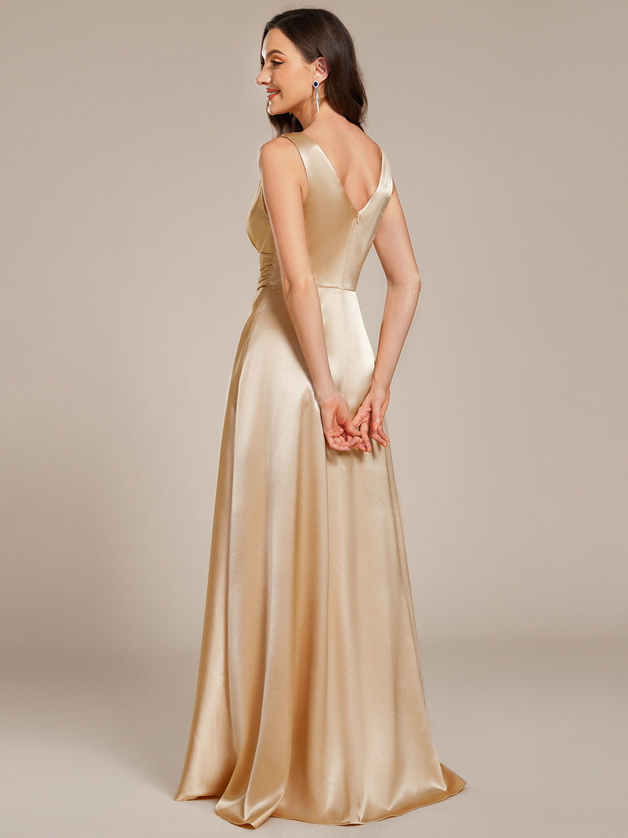 Color=Champagne | Elegant Deep V-Neck Floor Length Empire Waist Satin Bridesmaid Dresses with Pockets-Champagne 2