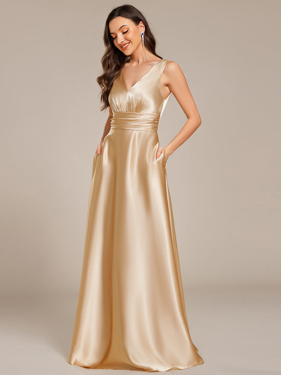 Color=Champagne | Elegant Deep V-Neck Floor Length Empire Waist Satin Bridesmaid Dresses with Pockets-Champagne 3