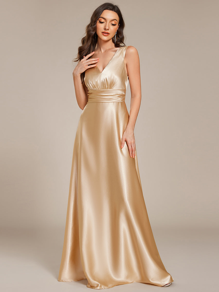 Color=Champagne | Elegant Deep V-Neck Floor Length Empire Waist Satin Bridesmaid Dresses with Pockets-Champagne 4