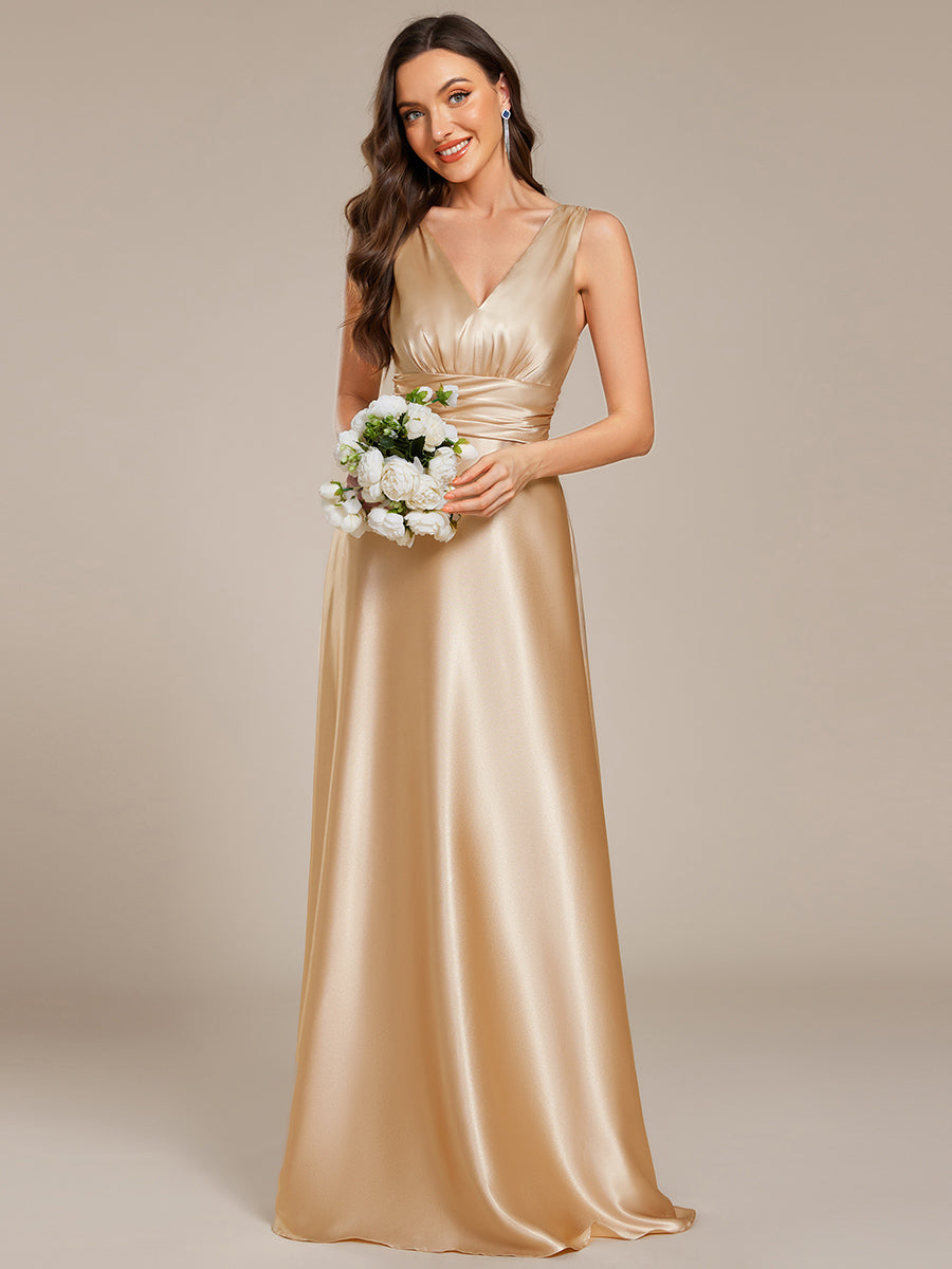 Color=Champagne | Elegant Deep V-Neck Floor Length Empire Waist Satin Bridesmaid Dresses with Pockets-Champagne 1