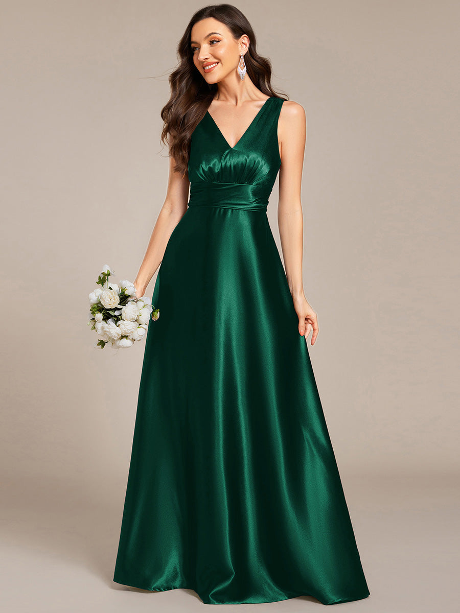 Color=Dark Green | Elegant Deep V-Neck Floor Length Empire Waist Satin Bridesmaid Dresses with Pockets-Dark Green 1
