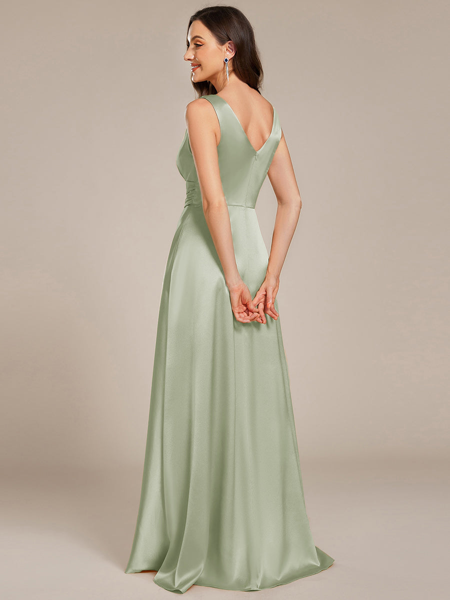 Color=Mint Green | Elegant Deep V-Neck Floor Length Empire Waist Satin Bridesmaid Dresses with Pockets-Mint Green 2
