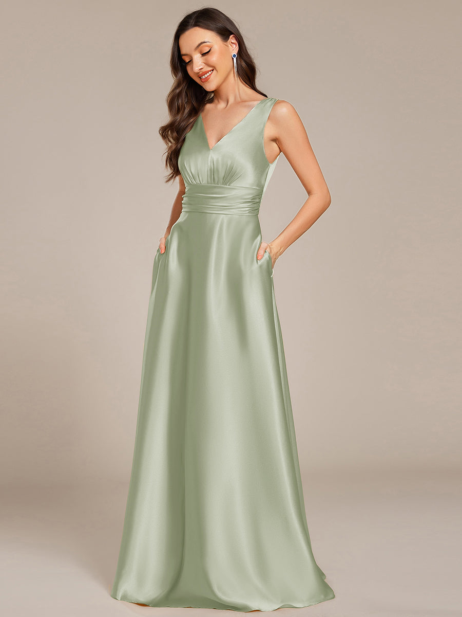 Color=Mint Green | Elegant Deep V-Neck Floor Length Empire Waist Satin Bridesmaid Dresses with Pockets-Mint Green 3