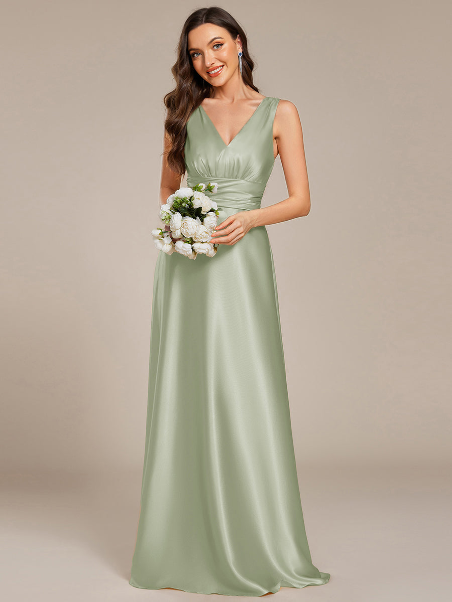 Color=Mint Green | Elegant Deep V-Neck Floor Length Empire Waist Satin Bridesmaid Dresses with Pockets-Mint Green 1