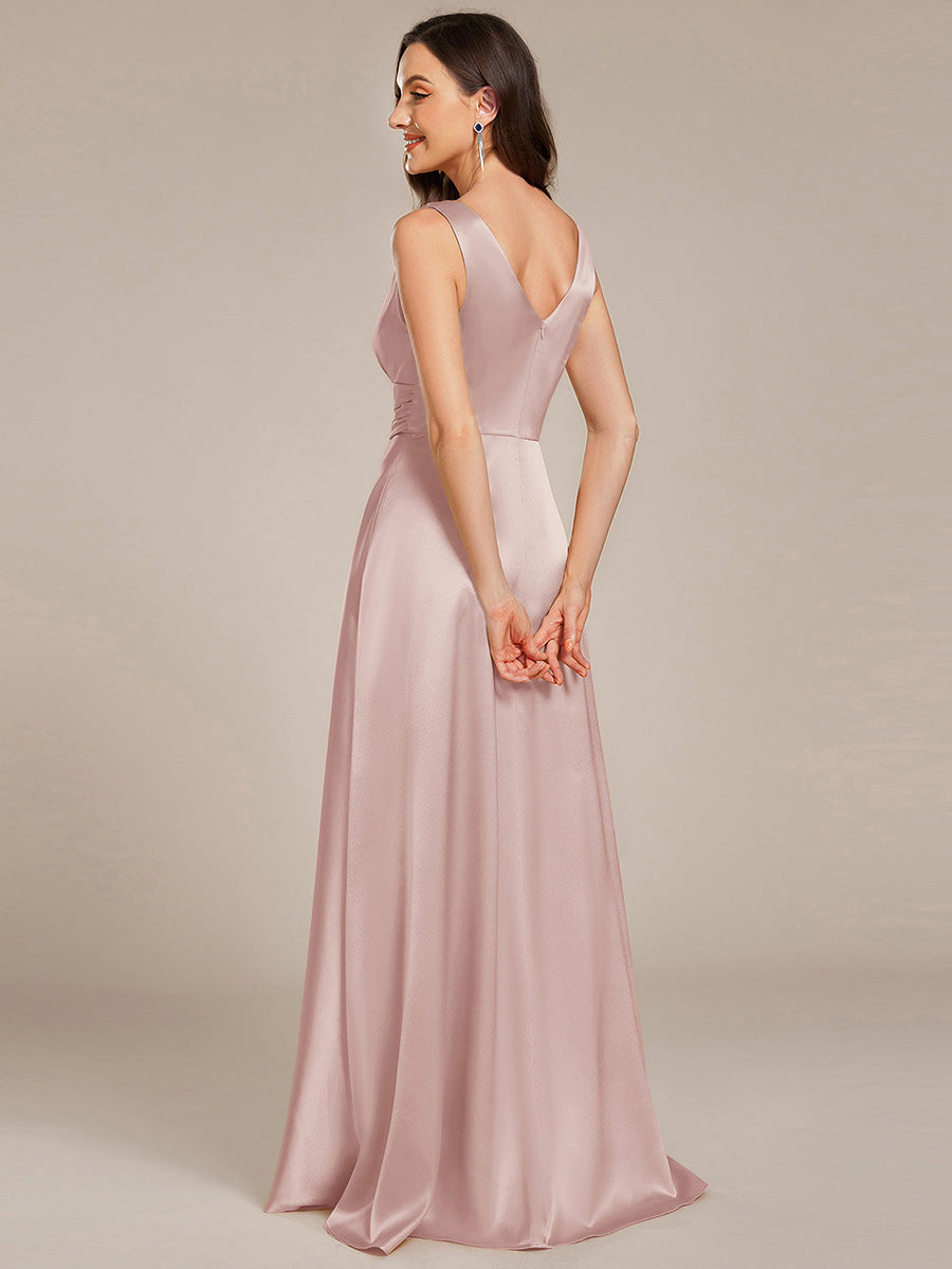 Color=Mauve | Elegant Deep V-Neck Floor Length Empire Waist Satin Bridesmaid Dresses with Pockets-Mauve 32