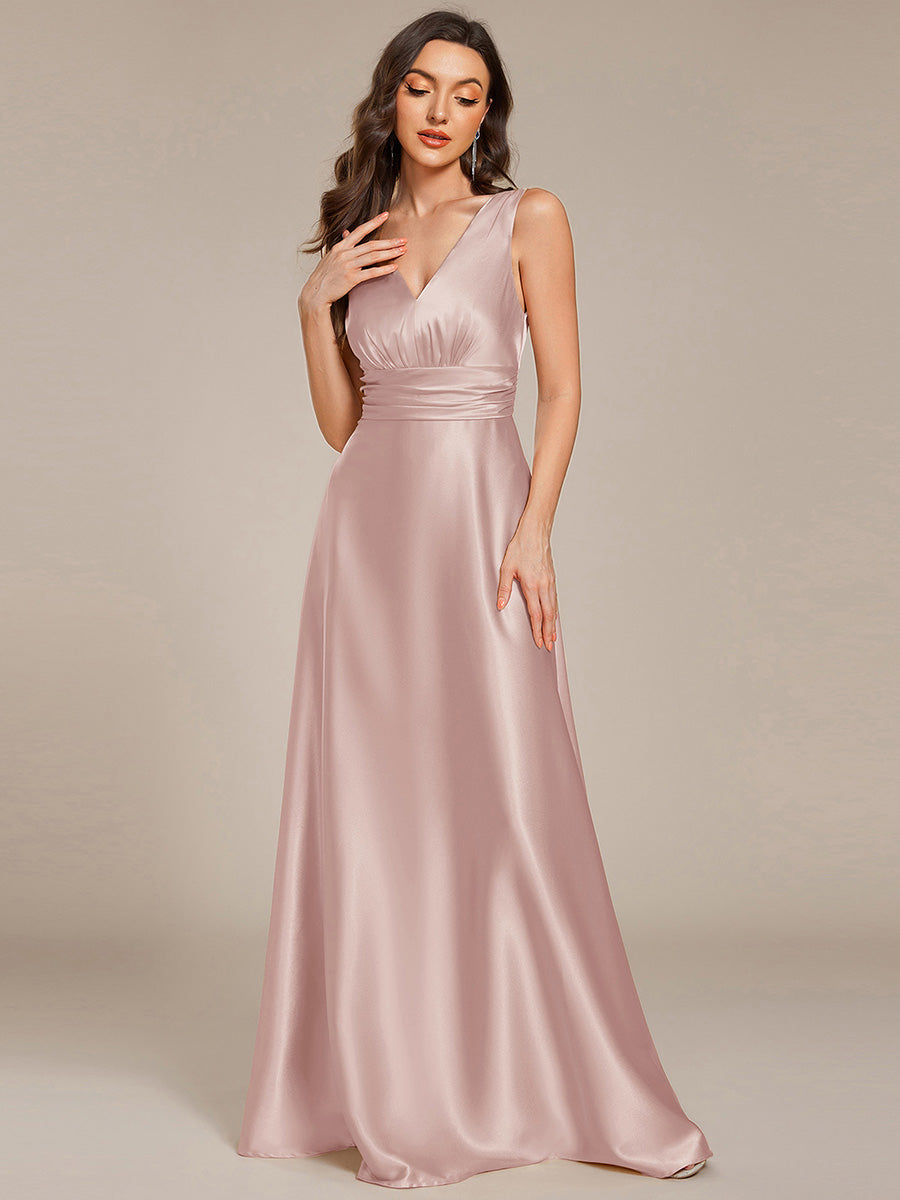 Color=Mauve | Elegant Deep V-Neck Floor Length Empire Waist Satin Bridesmaid Dresses with Pockets-Mauve 34