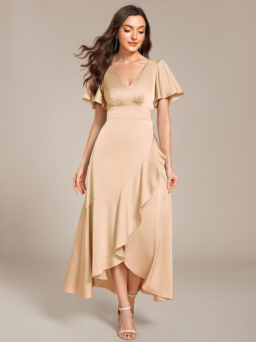 Color=Charcoal | Short Sleeve Ruffled V-Neck Asymmetrical Hem Midi Bridesmaid Dress-Charcoal 1