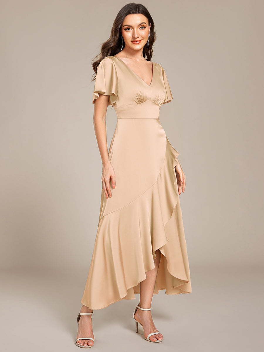 Color=Charcoal | Short Sleeve Ruffled V-Neck Asymmetrical Hem Midi Bridesmaid Dress-Charcoal 4
