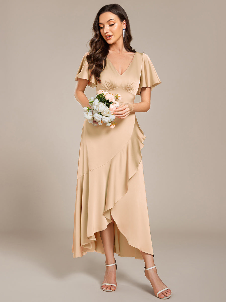 Color=Charcoal | Short Sleeve Ruffled V-Neck Asymmetrical Hem Midi Bridesmaid Dress-Charcoal 5
