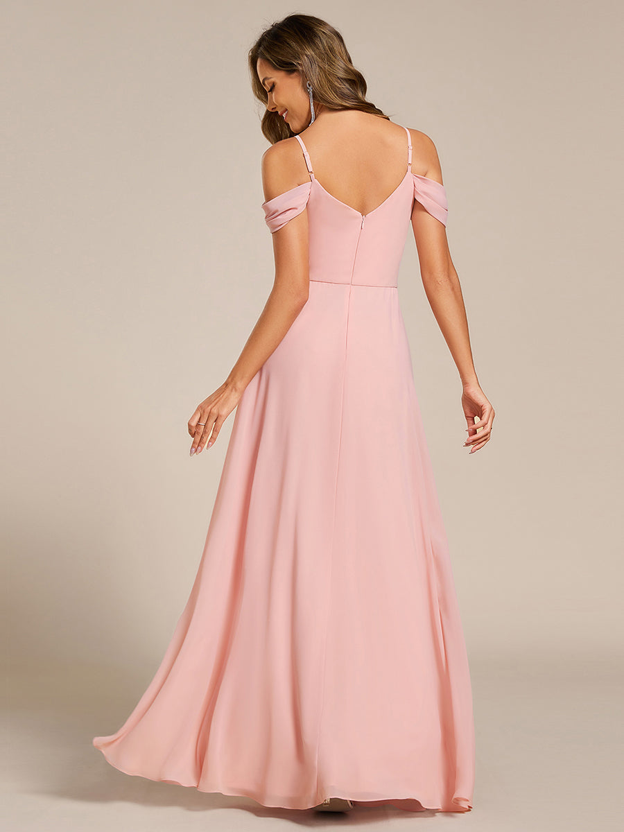 Color=Pink | Spaghetti Straps drop-shoulder sleeve Chiffon Bridesmaid Dress-Pink 12