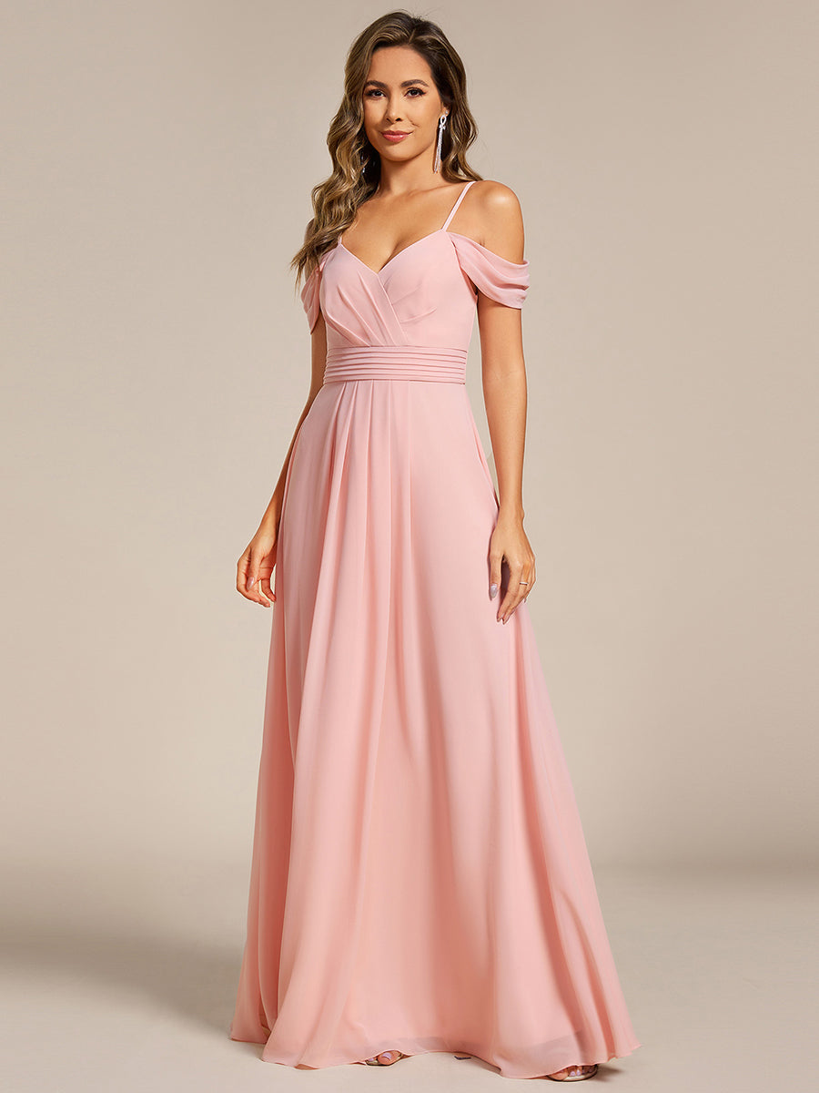Color=Pink | Spaghetti Straps drop-shoulder sleeve Chiffon Bridesmaid Dress-Pink 14