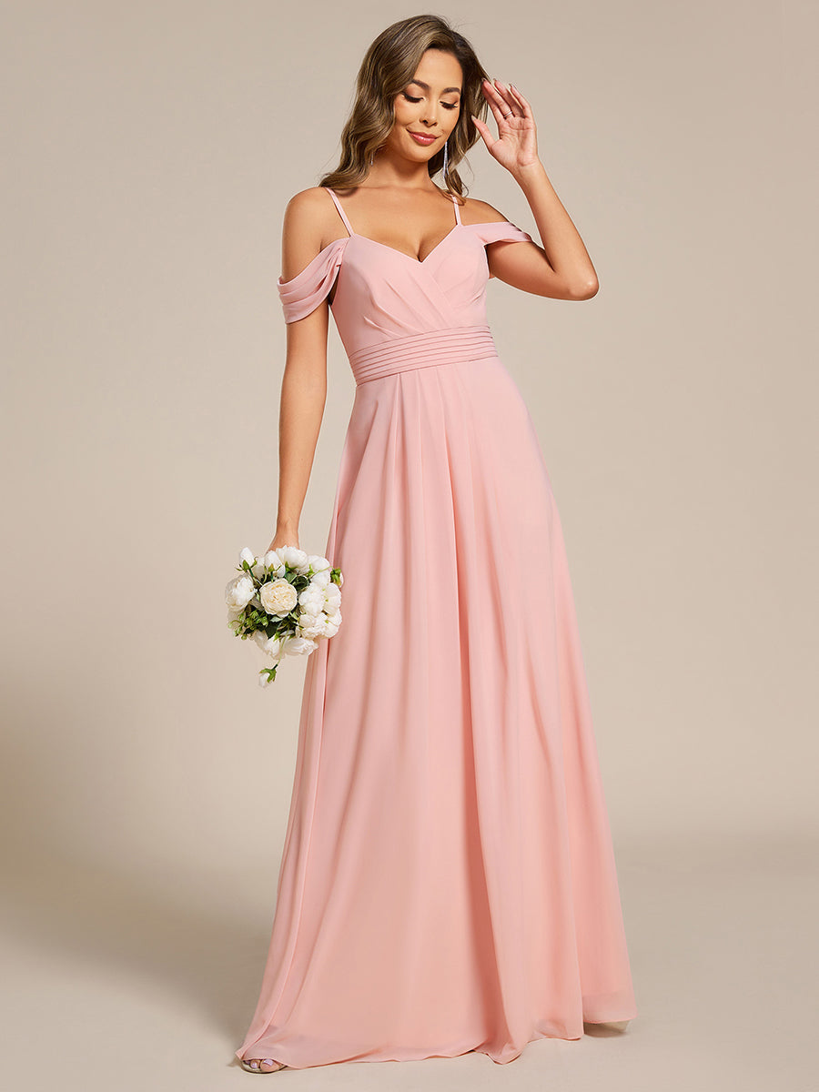 Color=Pink | Spaghetti Straps drop-shoulder sleeve Chiffon Bridesmaid Dress-Pink 15