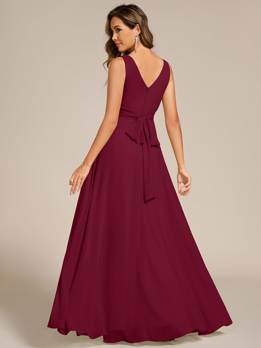 Color=Burgundy | Asymmetrical Sleeveless V-Neck A-Line Floor-Length Bridesmaid Dress-Burgundy 2
