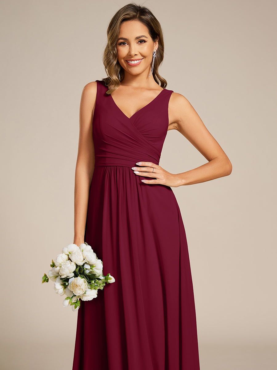 Color=Burgundy | Asymmetrical Sleeveless V-Neck A-Line Floor-Length Bridesmaid Dress-Burgundy 3