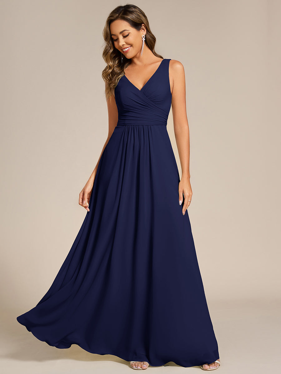 Color=Navy Blue | Asymmetrical Sleeveless V-Neck A-Line Floor-Length Bridesmaid Dress-Navy Blue 1