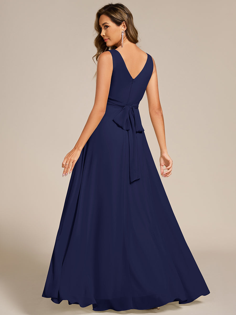 Color=Navy Blue | Asymmetrical Sleeveless V-Neck A-Line Floor-Length Bridesmaid Dress-Navy Blue 2
