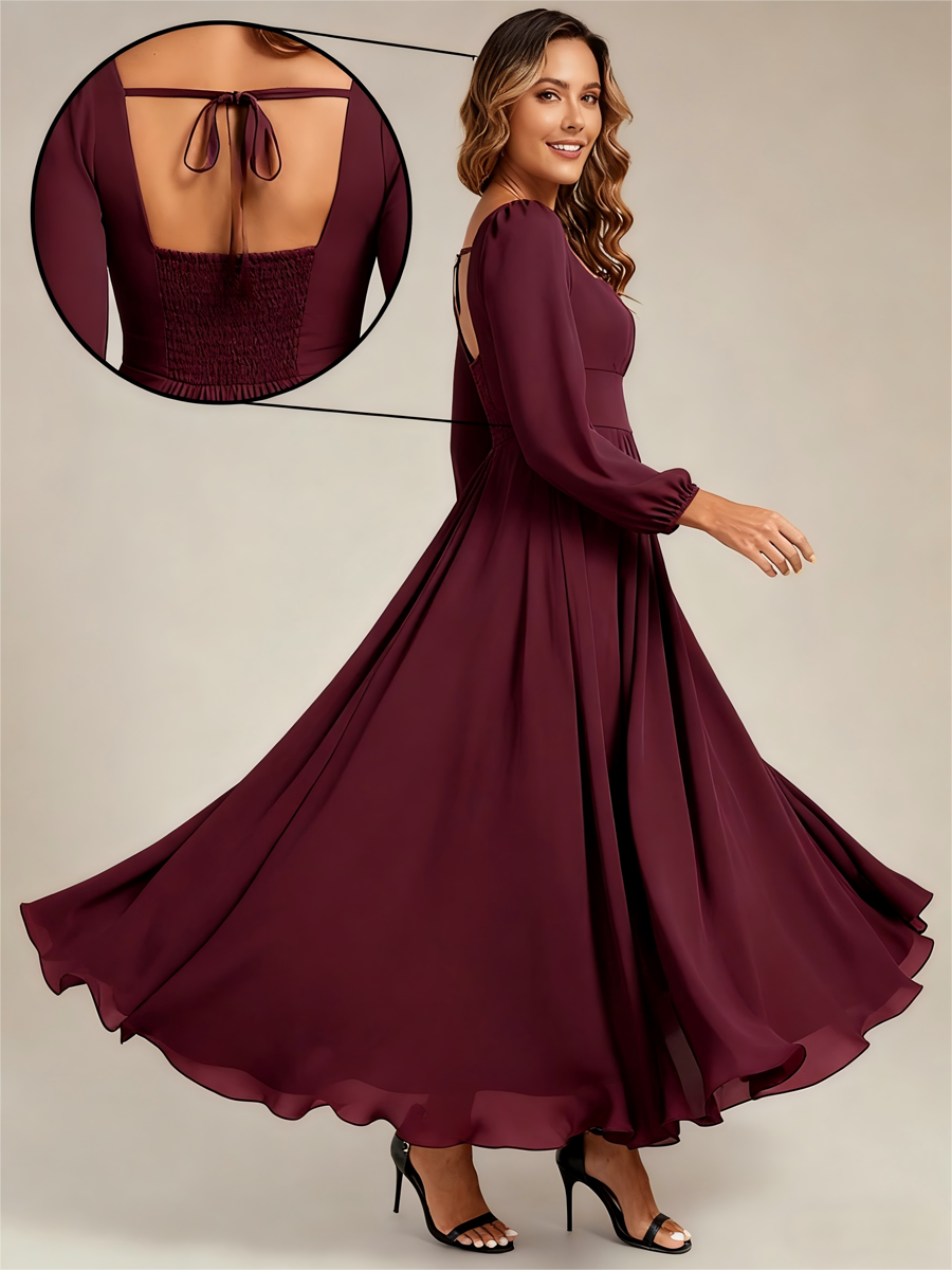 Long Sleeve Ruched A-Line Maxi Dress with Square Neck | Bridesmaid Dresses