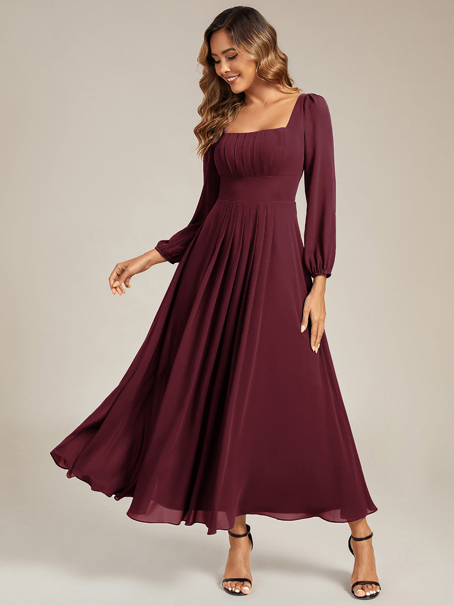 Color=Burgundy | Volume Discounts Long Sleeve Ruched A-Line Maxi Dress with Square Neck | Bridesmaid Dresses-Burgundy 1