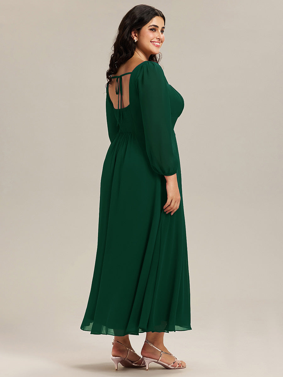Color=Dark Green | Wholesale Pricing Long Sleeve Ruched A-Line Maxi Dress with Square Neck | Bridesmaid Dresses-Dark Green 7