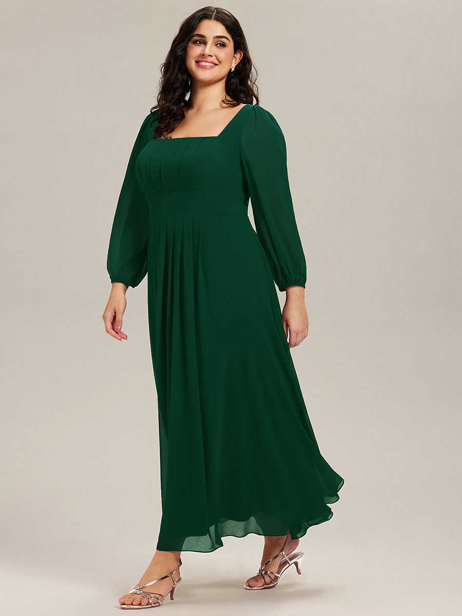 Color=Dark Green | Wholesale Pricing Long Sleeve Ruched A-Line Maxi Dress with Square Neck | Bridesmaid Dresses-Dark Green 10
