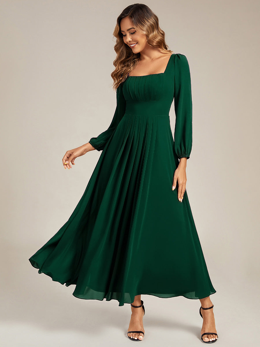 Color=Dark Green | Wholesale Pricing Long Sleeve Ruched A-Line Maxi Dress with Square Neck | Bridesmaid Dresses-Dark Green 1