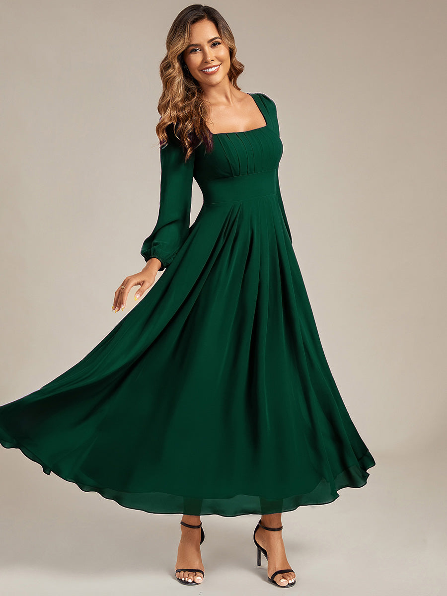 Color=Dark Green | Wholesale Pricing Long Sleeve Ruched A-Line Maxi Dress with Square Neck | Bridesmaid Dresses-Dark Green 4
